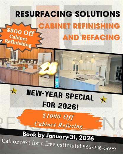 2026 IS YOUR YEAR 🎉🕛 That new kitchen you thought you could not afford, well now you can! Take advantages of our most discounted prices of the year! KITCHEN CABINET REFINISHING $500 off KITCHEN CABINET REFACING $1000 OFF Now - JAN 31st Higher prices DOES NOT = Better work We make IT AFFORDABLE to update your kitchen! ✅️5 day process ✅️sand/strip/prime/paint doors at our shop ✅️sprayed finish on doors/drawers ✅️local company ✅️durable Cabinet grade finishes ✅️Cabinet Refacing: New doors/drawers