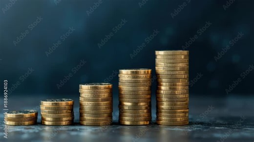 Gold coin stack growth chart showing rising savings and finance with money and coin stacks gold