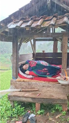 Sleeping in a Rice Field Hut While It Pours Rain 🌧️🔥 #shorts #cozy