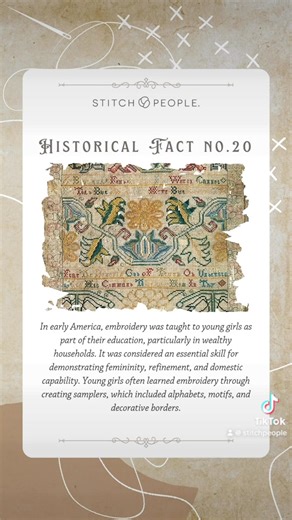 Historical Fact 20| Stitch by stitch, young learners in early America crafted more than just pretty patterns—they built skills that went beyond the needle.⁠ ⁠ Sources:⁠ -https://www.metmuseum.org/toah/hd/need/hd_need.htm⁠ -https://www.metmuseum.org/art/collection/search/16961⁠ #stitchpeople #historicalfacts #history #sphistoricalfacts #stitchpeoplehistoricalfacts | Stitch People