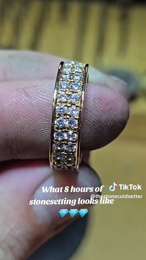 Raw casting to the finished product took 8 hours of my time meticulously drilling, graving and setting the stone in this 6mm band 💎💎💎 #stonesetting #gold #diamond #pavé #jewellery #selftaught #engagementring #artsandcrafts #sparkle