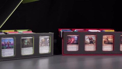 UAONO Trading Card Storage Box with Commander Display; 2400+ Deck Box for MTG with Removable Cover; Top Loaders Card Case fits Magic TCG PTCG Sports Cards; 24 Dividers, 4 Stoppers (Black, Grey)