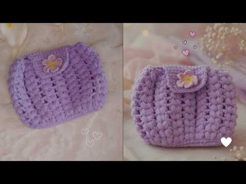 Easy Crochet puff stitch Bag Tutorial 💜 Mini Pouch with Daisy Flower 🌸
