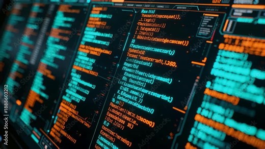 Technology background, programming code against a computer. screen flow of source code. data flow communication, network, privacy concept, 4k animated video