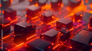 A Video showing a vast collection of black and yellow cubes arranged in an organized manner, A 3D model of various interconnected blocks, symbolizing a blockchain database