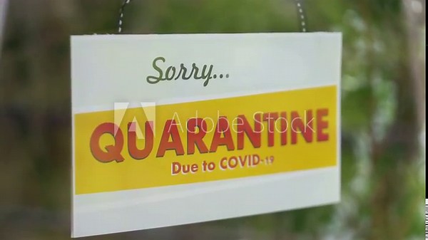 Quarantine sign hang on the glass in pandemic time in 4K Slow motion 60fps