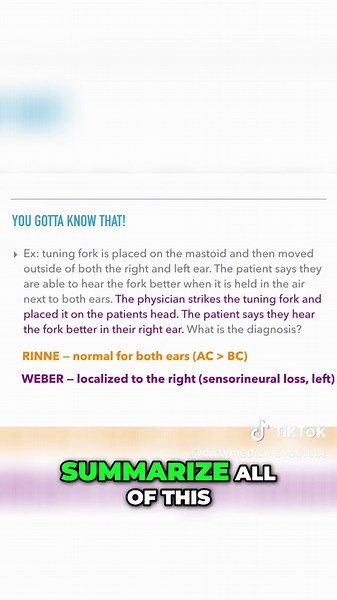 Weber vs. Rinne Test & Conductive vs. Sensorineural Hearing Loss #education #studywithme #usmlestep1 #usmle #youtube #review #weber #rinne