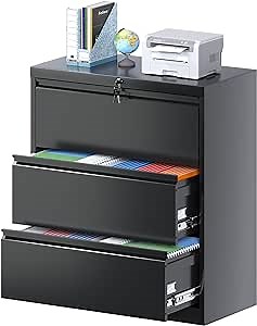 METAN 3 Drawer Metal Lateral File Cabinet for Home Office, Large Deep Metal File Cabinet with Lock, 35.43 Inches Wide for Letter/Legal A4 Size, Assembly Required, Black