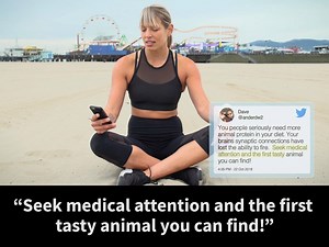 35K views · 516 reactions | It's basically impossible to be a meat-free athlete. Because vegetables make you weak, obviously  12 Minute Athlete's Krista Stryker reads mean tweets and busts myths. | PETA (People for the Ethical Treatment of Animals) | Facebook