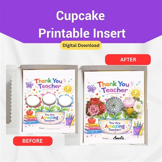 Thank You Teacher Cupcake Insert Template, Teacher Appreciation Gift Box Printable, 3 Cupcake Holder, DIY Bakery Packaging, End of Year Gift - Etsy