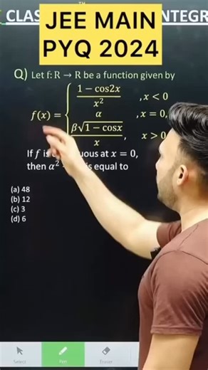 JEE MAINS 2024 ( 4 April – SHIFT 1 ) Q) Let f:R→R be a function given by 𝑓(𝑥)={((1−cos2𝑥)/𝑥^2 ,𝑥=0 𝛼 𝑥=0, (𝛽√(1−cos𝑥))/𝑥,&𝑥=0)┤ If 𝑓 is continuous at 𝑥=0, then 𝛼^2 𝛽^2 is equal to (a) 48(b) 12(c) 3(d) 6 JEE MAIN PYQ 2025 ( 3 April - shift 2 ) Limits and continuity PYQ 2025 #maths Class12 #jee2026 Insta I’d- Shivanggupta34 LIMITS playlist link :; https://www.youtube.com/playlist?list=PL1BhIYe_5oFlBdXN3Q3bYHaAS1wwxXe8f Sequence and Series JEE MAINS Class 11 Playlist Link :: https://