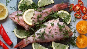 Raw fish perch with vegetables for baking. The cook puts lemon slices on top of the fish carcasses for cooking in the oven.
