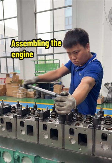 Assembling the engine: Diesel engine for construction truck