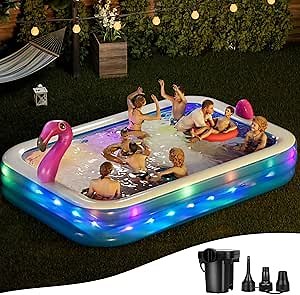 Dragon Inflatable Pool with Lights, Oversized 119"x86"x21" Family Inflatable Kids Pool Flamingo& Swan Inflatable Swimming Pool for Adults Blow up Pool for Backyard（with Electric Pump）