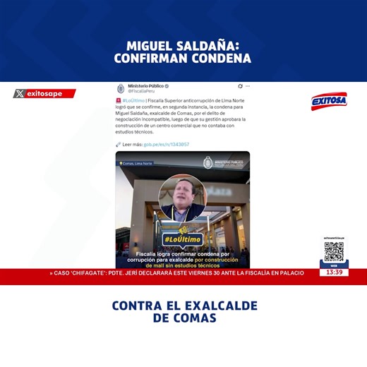 🔴🔵#ExitosaTeEscucha 🎤 | Confirman en segunda instancia la condena contra el exalcalde del distrito de Comas, Miguel Saldaña, por el delito de negociación incompatible. 📻 95.5 FM 📡 6.1 señal digital abierta 📺 Movistar: 34 SD - 734 HD 🌐 http://exitosanoticias.pe | Exitosa Noticias