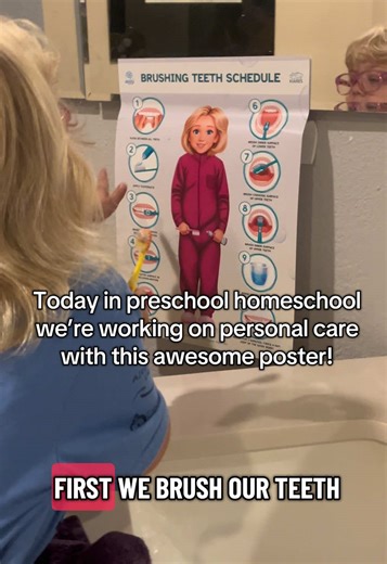 Ok but these posters around the house are sooo helpful for little ones to gain autonomy! She follows all the steps perfectly. These are amazing if you have a baby as well and need your other kid to operate on their own. They have all different kids of posters and can customize the way the kid looks a well 🥹 #brushingteeth #tiktokshopfinds #teachingkids #selfhelp #toothbrushing