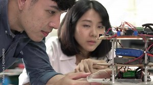 Robotics team collaborating development robot in modern laboratory. concept of hardware technology, robotic engineering, artificial intelligence and automation control. 4K Resolution.