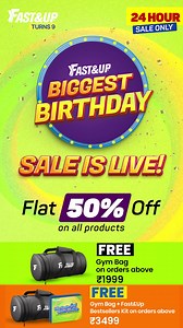 3.1M views · 145 reactions | 헧헵헲 헯헶헴헴헲혀혁 헦헔헟험 헼헳 혁헵헲 혆헲헮헿 헶혀 헟헜헩험 헻헼현 朗 Flat 50% OFF Sitewide + FREE Stylish Gym Bag on orders above ₹1999  24 Hour Sale Only  10+ Categories ✅ 150+ Products ✅ All at a Flat 50% OFF Got a goal? Do you choose an active lifestyle? Choose India's #1 Brand for Nutrition  | Fast&Up India | Facebook