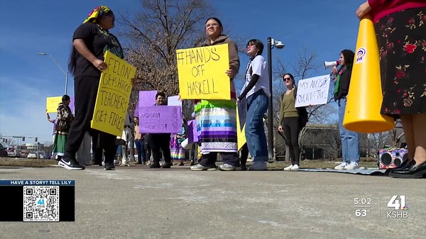 Students protest federal layoffs at Haskell Indian Nations University outside Kansas State Capitol