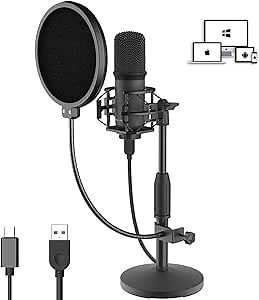 USB Condenser Microphone Recording Kit with Desktop Stand and Pop Filter 192kHZ/24bit for YouTube,Podcast,Gaming,Studio Plug & Play for Laptop Mac/Windows and Type-C Mobile Phone Space Grey