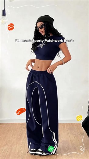 Fashionable American High Street Style Patchwork Design Sporty Women's Long Pants, Loose-Fitting Drop Waist, Elastic Waist, All Seasons
