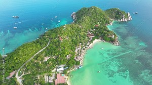 Freedom Beach Koh Tao, Thailand; Top Tourist Destination For Snorkeling, Swimming, And Diving. 4K Aerial Reverse Over The Beautiful Tropical Island Peninsula.