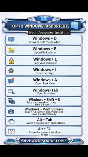 Top 10 Windows Important Shortcut key's #2026shortcuts #education #computer #Keyboard #windows | NECI Computer Institute