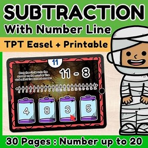Halloween | Subtraction with Number Line up to 20 | PDF Print & Digital Easel