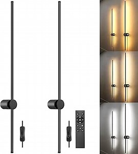 Wall Sconces Set of Two with Remote, Stepless Colors 3000K-6500K & Stepless Dimming, Hardwire or Plug-in, 180° Rotate, LED Black Plug in Wall Sconces with Timer & Night Light, 39.4 Inches