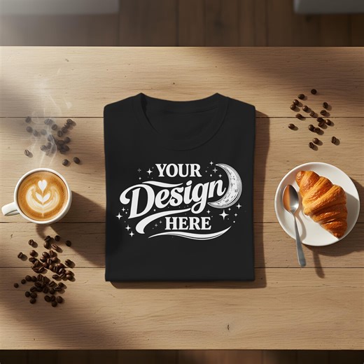 BLACK T-shirt Mockup PNG, Flat Lay Shirt, Coffee Lifestyle Scene, Minimal Tee, Digital Download. - Etsy