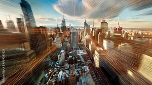 NYC Skyline Zoom: A mesmerizing abstract view of the New York City skyline, captured with a dynamic zoom effect that creates a sense of speed and energy. The image evokes a feeling of movement, ambiti