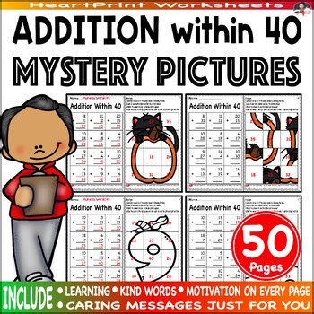 Addition within 40  with Regrouping Mystery Pictures fun worksheets,Adding to 40