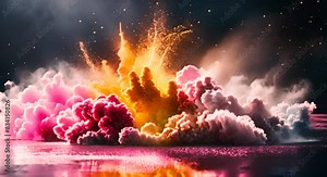 Dynamic explosion of colorful powder that creates bursts of different colors that float and move