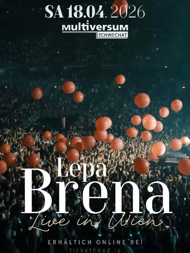 Lepa Brena live in Wien 2026! Die Musiklegende Lepa Brena kommt am 18. April 2026 nach Wien und bringt ihre größten Hits sowie eine spektakuläre Live-Show ins Multiversum Schwechat. Ein Konzertabend voller Emotionen, Nostalgie und unvergesslicher Klassiker erwartet euch! 📅 Samstag, 18.04.2026 📍 Multiversum Schwechat 🕢 Einlass: 19:30 Uhr 🕘 Beginn: 21:00 Uhr 🎟 Tickets jetzt online sichern: tickethead.io Verpasst nicht eines der größten Balkan-Konzerthighlights des Jahres in Wien! #LepaBrena #