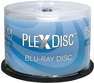 PlexDisc 633-214 25 GB 6X Blu-ray White Inkjet Printable Single Layer Recordable BD-R, 50pk Cake Box, 50 Discs