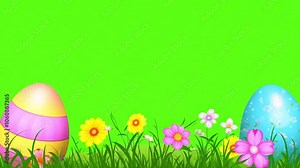 Easter eggs in fresh green grass on green screen. Happy Easter Animated Greeting Card Frame Template. Bunnies, decorated and painted eggs. Flat style design in creative pastel colors. on Green screen Stock Video
