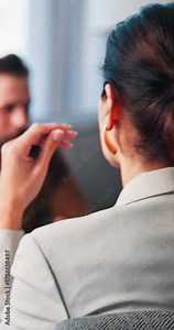 Woman, therapist and writing notes for counseling progress, assessment and treatment planning. Psychologist, man and evaluation checklist for therapy guidance, consultation questions and healing tips