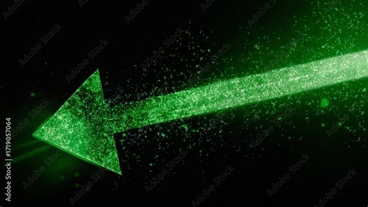 Abstract green arrow symbol moving from right to left, composed of glowing particles dissolving into space, representing direction, progress, and modern technological advancement