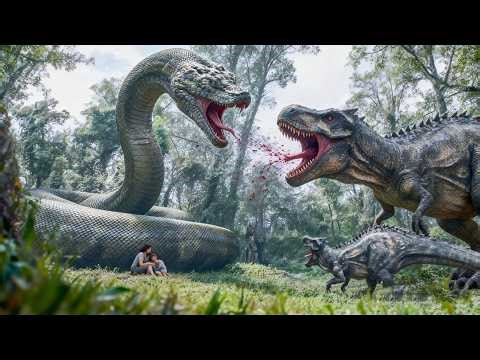 T-Rex attacks mother and child, snake god turns tail into shield, breaks deadlock in one strike.