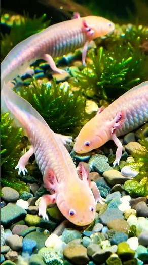 Graceful Pink Axolotls in Clear Freshwater Habitat #cute #axolotl #animals #underwaterecosystem