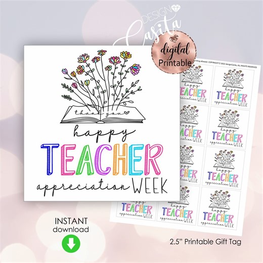 Teacher Appreciation Week Printable Favor Gift Tag,flower Book Thank You Teacher,school Staff Appreciation,mini Cookie Tag,bilingual Teacher - Etsy