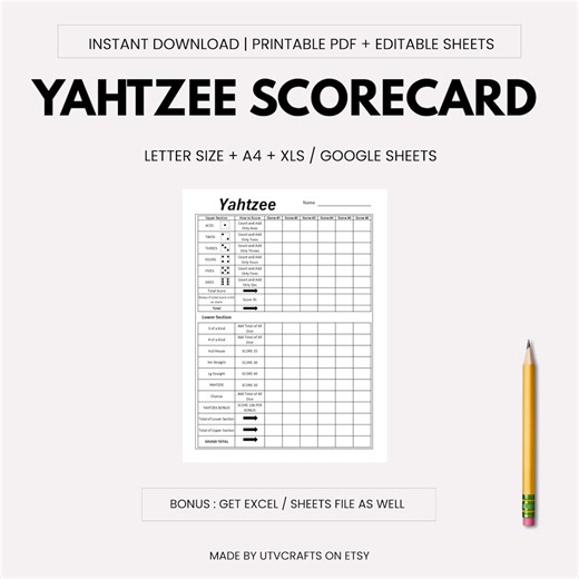 Yahtzee Scorecard Printable: Letter & A4, Excel + Google Sheets (PDF) - Etsy