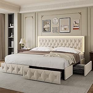 Keyluv Queen Upholstered LED Bed Frame with 4 Drawers, Velvet Platform Storage Bed with Adjustable Button Tufted Headboard and Solid Wooden Slats Support, No Box Spring Needed, Beige