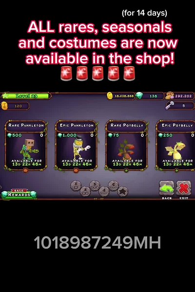 All rares, seasonals and costumes now available! Follow for more! #mysingingmonster #msm