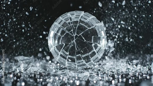 Shattered glass exploding into pieces on dark surface creating a dramatic scene
