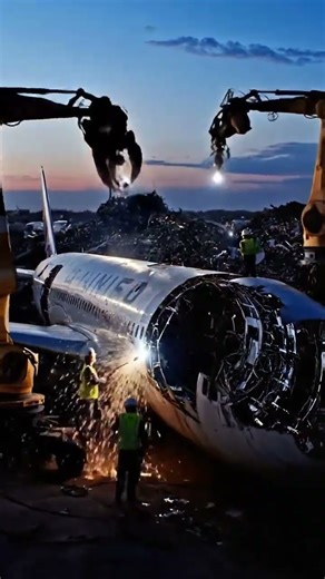 Giant machines crushing a massive airplane into pieces ✈️