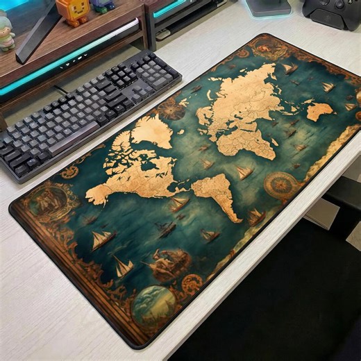 Vintage World Map Gaming Desk Mat, Antique Nautical Map Mouse Pad, Large Desk Pad, Explorer Style Gamer Setup, Retro Map Art Gift