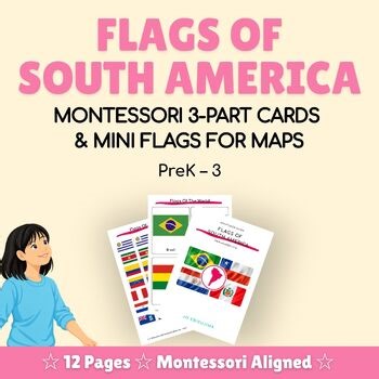 Flags of South America Montessori 3-Part Cards & Mini Flag | Geography Activity