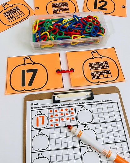 Pumpkin Teen Link It! Double Ten Frames & Numerals 🔗: https://www.teacherspayteachers.com/Product/Pumpkin-Blackline-Teen-Numbers-10134130 | Erika Deane- Purposeful in Primary