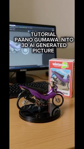 TUTORIAL : 3D AI GENERATED PICTURE ( Using the model, create a 1/7 scale commercialized figurine of the characters in the picture, in a realistic style, in a real environment. The figurine is placed on a computer desk. The figurine has a round transparent acrylic base, with no text on the base. The content on the computer screen is the Zbrush modeling process of this figurine. Next to the computer screen is a Matchbox style toy packaging box and with the original artwork. The packaging features 